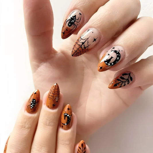 sengpan 24pcs Halloween Funny Spider Fake Nails Press On Nails Full Cover Orange Edge French False Nails Short Almond Shaped Nail Tips