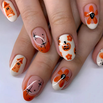 Lianfudai 24pcs Short Halloween Fake Nails Cute Pumpkin Cat Ghost False Nail Patch Full Cover Wearable Fake Nail Tips 2024 Halloween Gifts