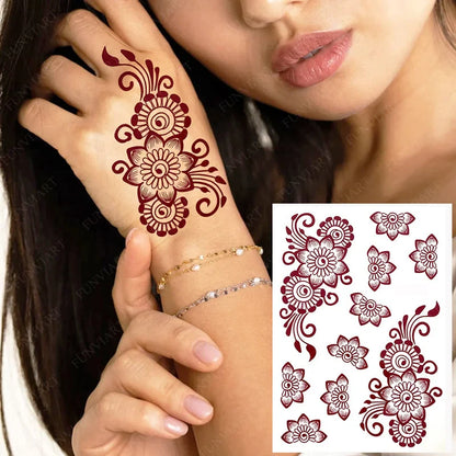 sengpan Brown Henna Tattoos for Women Waterproof Temporary Tattoo Stickers  for Hand Flower Fake Tattoo for Wedding Festival Body Art