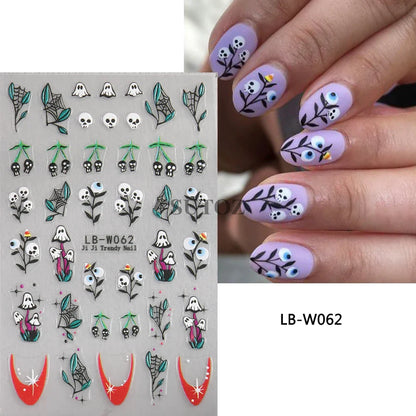 sengpan 5D Ghost Halloween Nail Art Stickers Cartoon Pumpkins Skulls Flowers Nail Decals Y2K Halloween Self-Adhesive Manicure Deco JI-5D