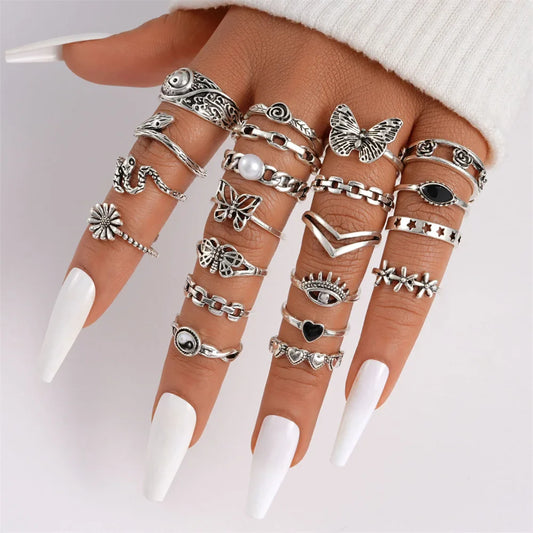 sengpan 21pcs/set Punk Gothic Butterfly Snake Heart Rings Set For Women Men Vintage Silver Plated Geometric Finger Rings Party Jewelry