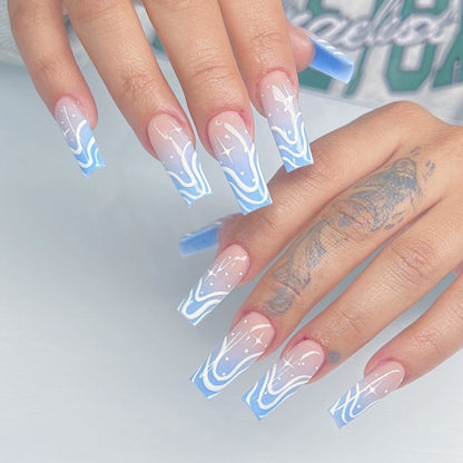 Lianfudai current nail trends 2023   24Pcs Long French Fake Nails with Glue Ballet False Nails Butterfly Rhinestone Design Press on Nails Wearable Coffin Nail Tips