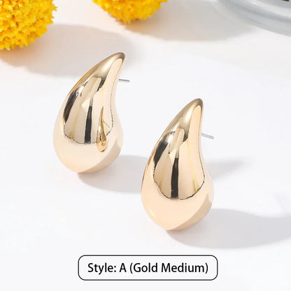 sengpan Vintage Gold Plated Chunky Dome Drop Earrings for Women Glossy Stainless Steel Thick Teardrop Earrings Dupes Lightweight Hoops