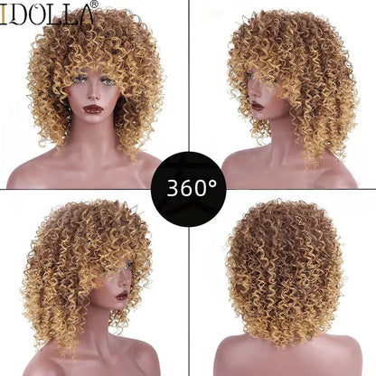 sengpan Short Curly Blonde Wig Synthetic Afro Kinky Curly Wig With Bangs For Black Women Natural Ombre Blonde Cosplay Wig