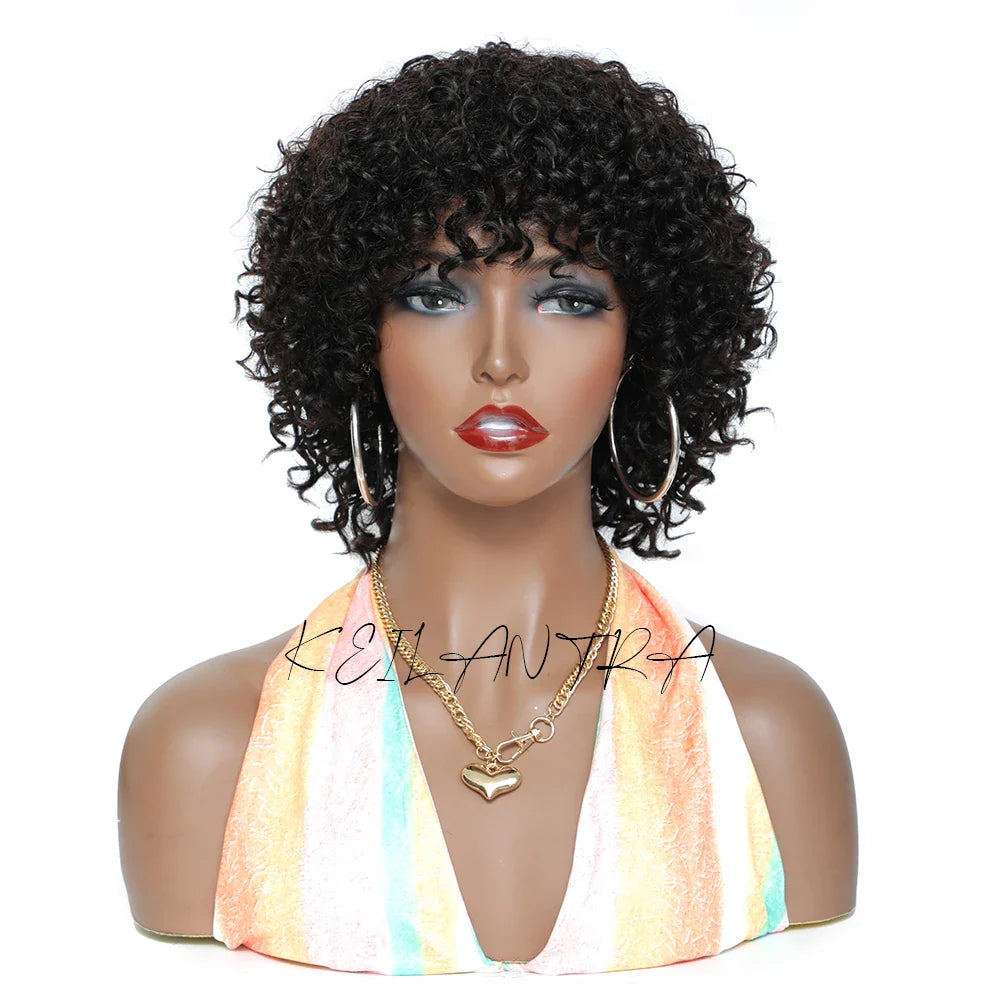 sengpan Short Curly Human Hair Wig With Bangs Wear and Go None Lace Front Human Hair Wigs for Black Women 180% Density Kinky Curly Wigs