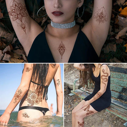 sengpan Brown Henna Lace Temporary Tattoo Sticker Butterfly Mehndi Flower Fake Tattoo for Women Feather Flora Sexy Henna Design Stickers