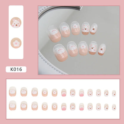 sengpan Cartoon Nails Set Press on Pink Rabbit False Nails for Children Puppy Acrylic Cute Anime Nails Short Stick-on Nail Tips