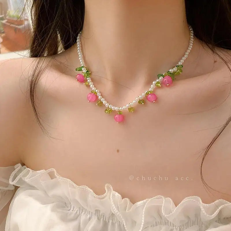 Lianfudai New Trendy Fruit Imitation Pearls Necklace Women Handmade Beaded Necklace For Women Jewelry Gift