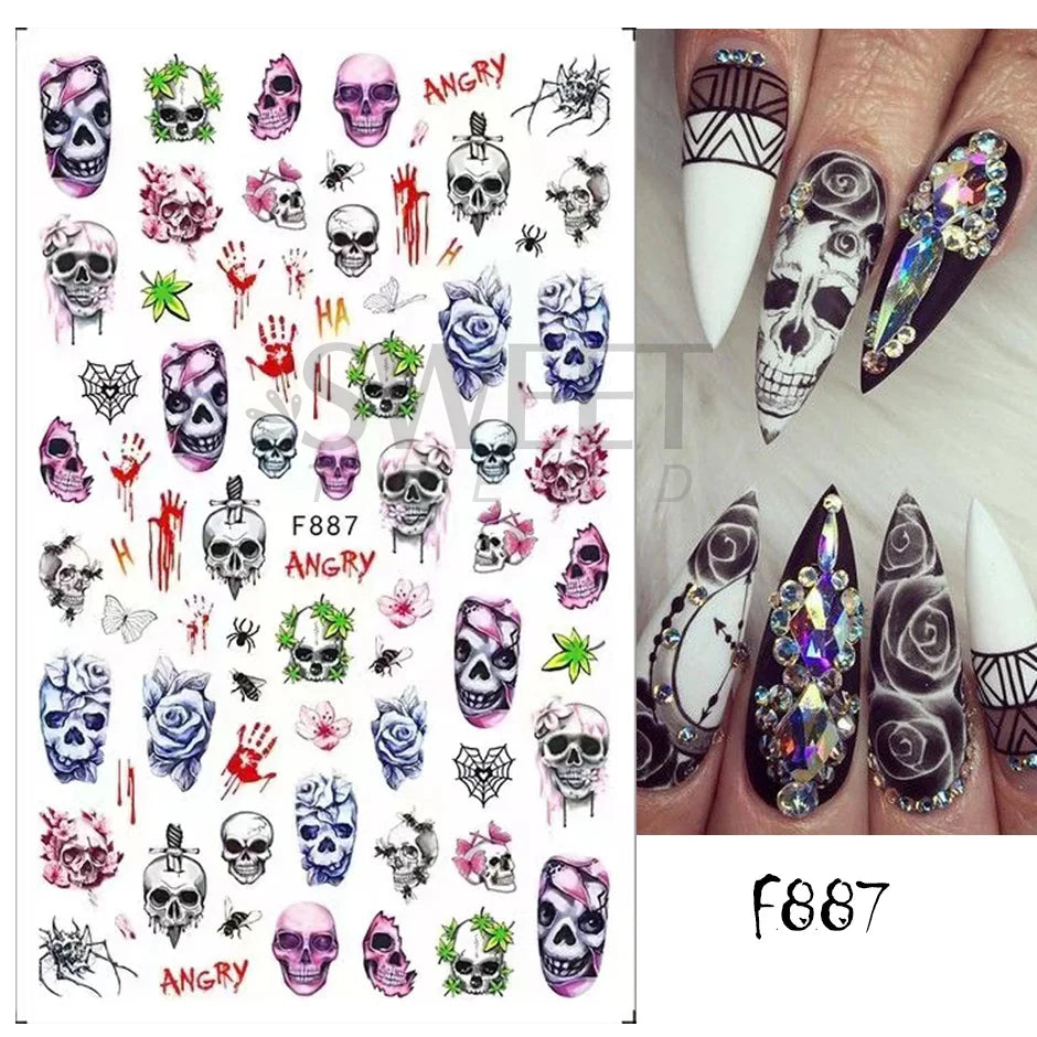 sengpan Cute Halloween Nail Design Sticker Pink Cartoon Skull Pumpkin Spooky 3D Punk Holiday Manicure Slider Nail Art Accessories BEF886