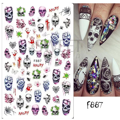 sengpan Cute Halloween Nail Design Sticker Pink Cartoon Skull Pumpkin Spooky 3D Punk Holiday Manicure Slider Nail Art Accessories BEF886