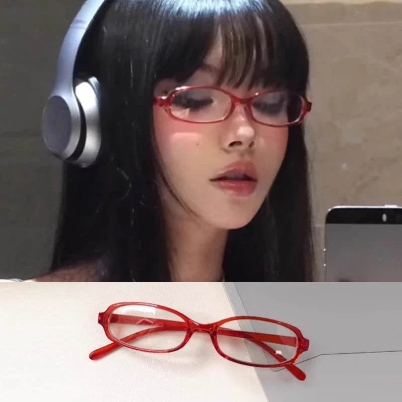 Lianfudai 2024 Girls Y2K Red Green Frame Glass Retro Oval Glasses Eyewear Decorative Computer Anti-blue Eyeglasses with Seaside Driving