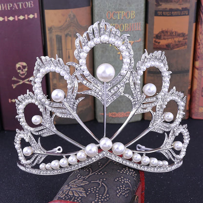 sengpan New Arrival Big Size Pageant Full Round Silver Color Pearl Feather Shining Rhinestone Tiara Crown Headwear Hair Accessories