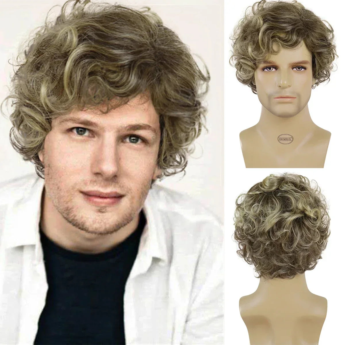 sengpan Synthetic Curly Men Wig Short Brown Hair Businessmen Curly Haircut Man Guys Natural Hairstyle The Summer Outfits Cosplay Costume