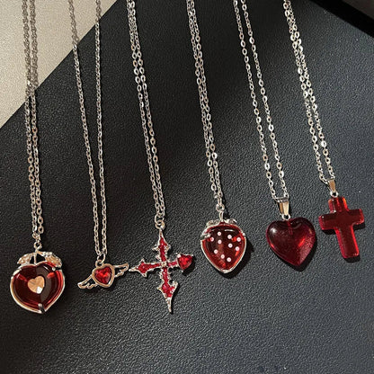 sengpan Simple Red Glass Cross Cherry Strawberry Heart Pendant Necklace for Women Stainless Steel Jewelry Accessories