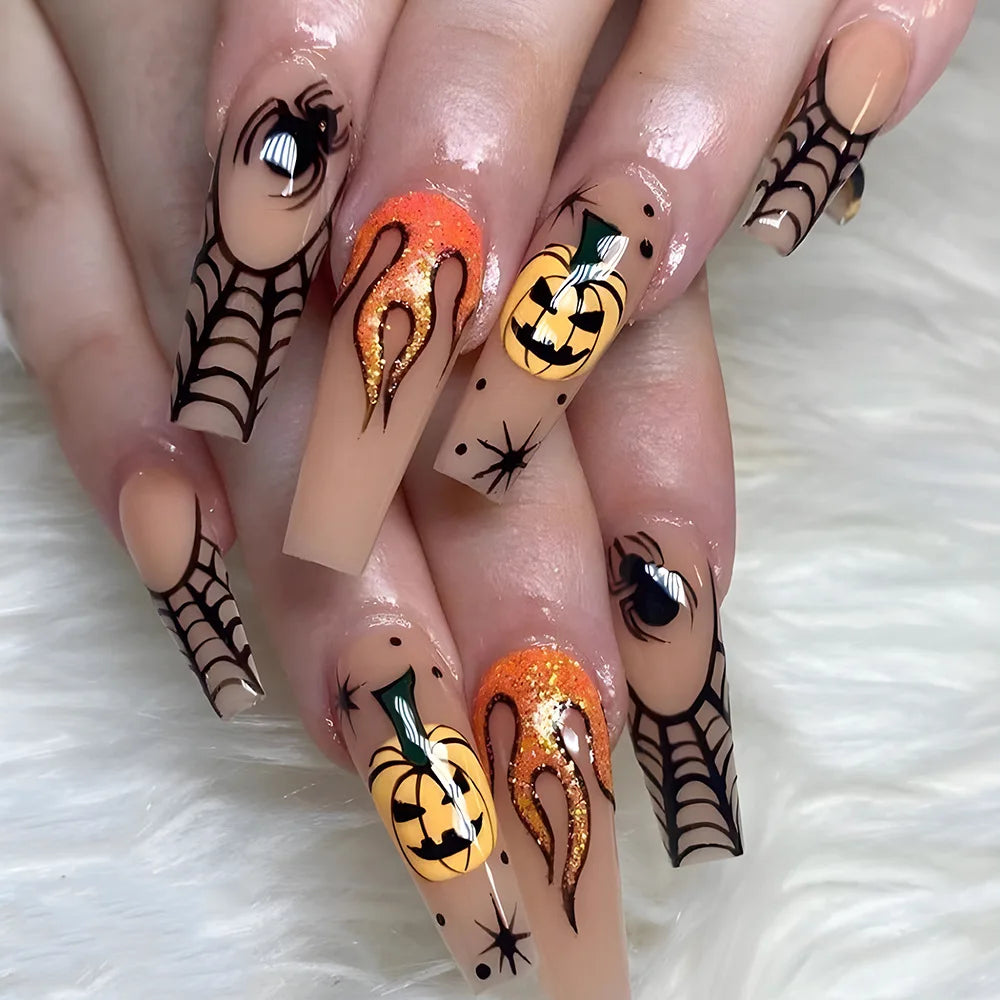 Lianfudai 24pcs Short Halloween Fake Nails Cute Pumpkin Cat Ghost False Nail Patch Full Cover Wearable Fake Nail Tips 2024 Halloween Gifts