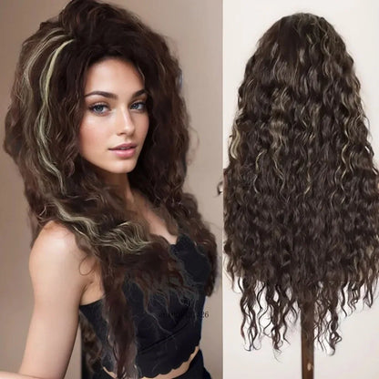 sengpan Synthetic Long Wave Cur Wigs Female Natural Brown Wig with Clip Free Part Side Bangs 80s Curly Wigs for Women Ombre Wig