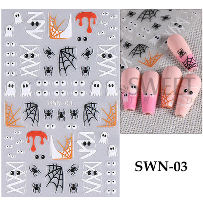 sengpan 3D Halloween Nail Stickers Cartoon Mummy Bandages Ghost Eyes Pumpkin Spider Web Blood Drops DIY Winter Matte Nail Art Decoration