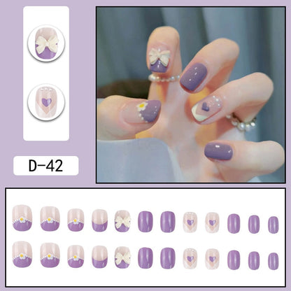 sengpan 24pcs French Point Diamond Fake Nails Wearing Artificial Square Head Press On Acrylic Nail Art Pearl Patch Almond False Nails