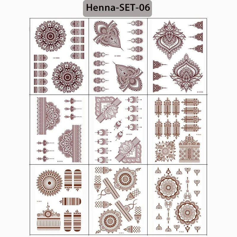 sengpan 9Pcs Brown Henna Temporary Tattoos for Women Henna Tattoo Sticker for Hand Body Art Moroccan Mehndi Design Tattoo Fake Hena