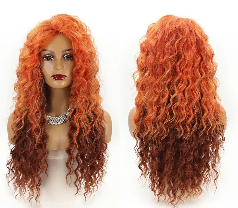 sengpan Long Fluffy Curly Wig for Women Ombre Orange Ginger Natural Wavy Hair Wig Ash Blonde Synthetic Loose Deep Wave Wig  Cosplay