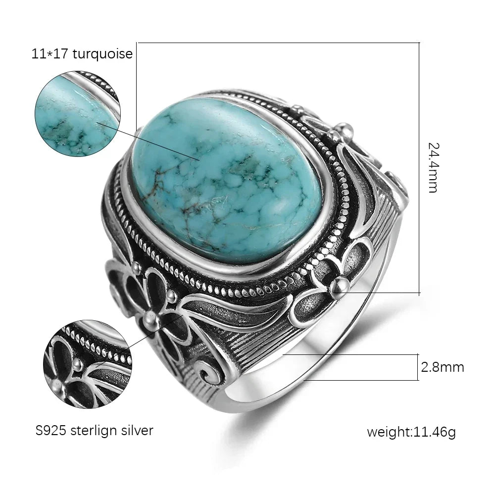 sengpan  Sterling Silver Jewelry Ring Natural 11X17MM Oval Turquoise Ring for Women Men Gift Retro Large Ring Wholesale