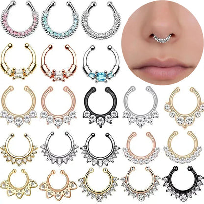 sengpan 1/2Piece Stainless Steel Fake Nose Piercing Septum Jewelry Crystal Zircon Fake Septum Piercing Ring Nose Rings for Women