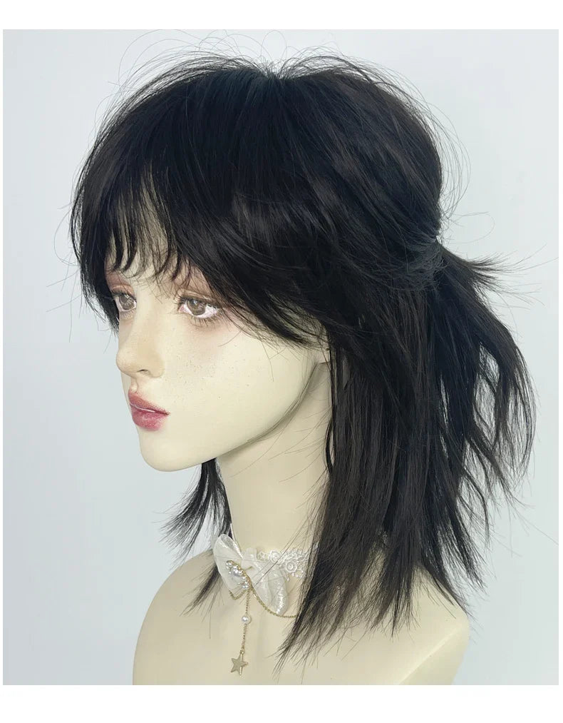 sengpan Mullet Head Wig Short Synthetic Straight Black Fluffy Natural Wolf Tail Hair Men and Women Wig for Daily Party Cosplay