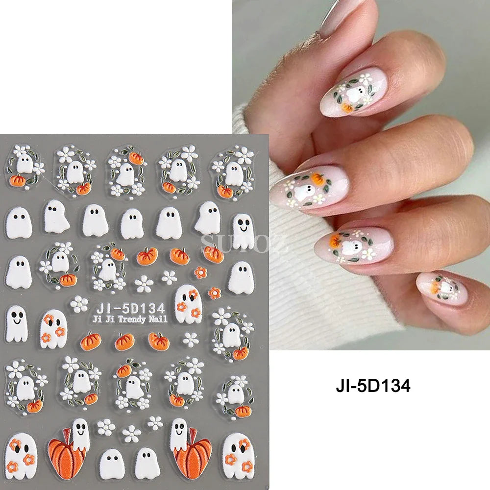 sengpan 5D Ghost Halloween Nail Art Stickers Cartoon Pumpkins Skulls Flowers Nail Decals Y2K Halloween Self-Adhesive Manicure Deco JI-5D