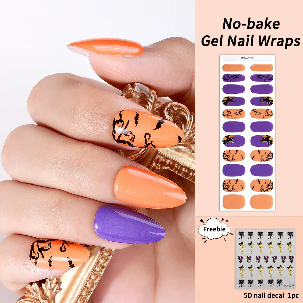 sengpan 22tips Halloween Gel Nail Strips Orange Purple Luminous No-Bake Adhesive Nail Wraps+Freebie 1pcs 5D Heart Star Y2K Nail Decals