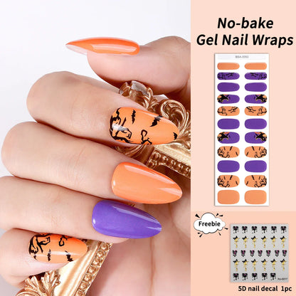 sengpan 22tips Halloween Gel Nail Strips Orange Purple Luminous No-Bake Adhesive Nail Wraps+Freebie 1pcs 5D Heart Star Y2K Nail Decals