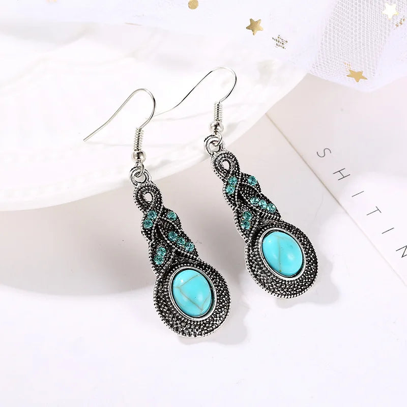 sengpan Vintage Turquoise Stud Earrings for Women Snow Flower Earring Statement Earring Valentine Day Gift Jewelry Pendientes Mujer