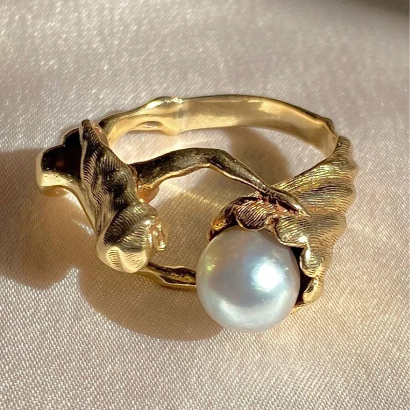 sengpan Ins Stainless Steel 18-K Gold Plated Hug Ring Vintage Hug Baroque Pearl Rings For Women Girls Fashion Jewelry Gift