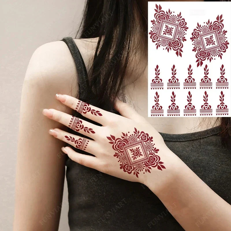 sengpan Maroon Henna Tattoo Stickers for Hand Foot Flower Temporary Tattoos for Wedding Party Brown Fake Tattoo for Women Body Art