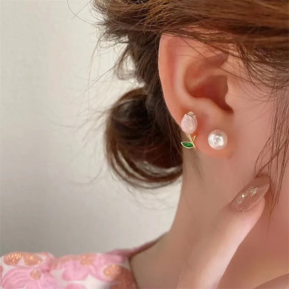 sengpan Sweet Fashion Enamel Pearl Tulip Flower Stud Earrings For Women Korean Temperament Zircon Back Hanging Earring Wedding Jewelry