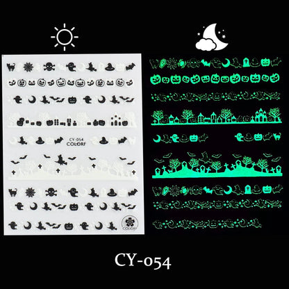 sengpan Luminous Nail Stickers Glow In Dark Halloween Nail Art Decoration Cartoon Skull Ghost Sliders Bones Spider Decal Tattoo GLYB-018