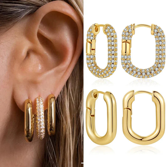 sengpan Luxury Cubic Zirconia U Shape Geometric Hoop Earrings for Women Gold Plated Circle Square Ear Buckle Huggie Hoops Jewelry