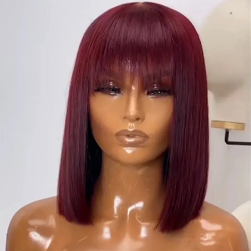 sengpan 180 Density Full Machine Wig Highlight Brown Colored Bone Straight Human Hair Bob Wigs QVR Human Hair With Bangs For Women