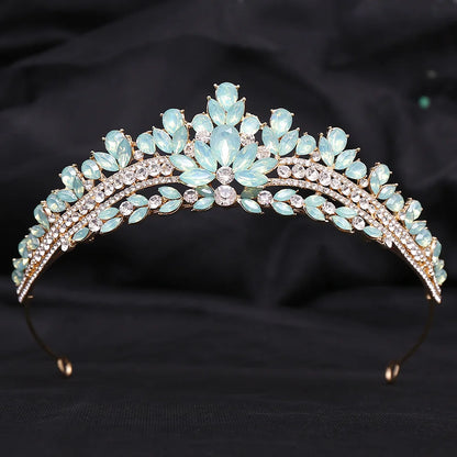 sengpan Luxury Green Opal Crystal Flower Water Drop Tiara Crown Women Wedding Party Elegant Bridal Bride Crown Hair Accessories