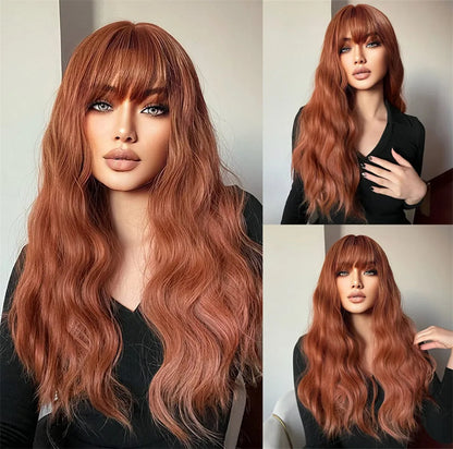 sengpan  Brown Highlight Long Wave Wigs for Women Synthetic Wig with Bangs Ombre Mixed Color Natural Looking Hair for Daily