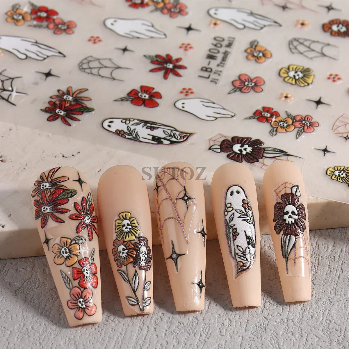 sengpan 5D Embossed Halloween Nail Stickers Skull Chams Spooky Flower Ghost Nail Decals Spider Web Skeleton Sliders for Manicure NTJI-5D