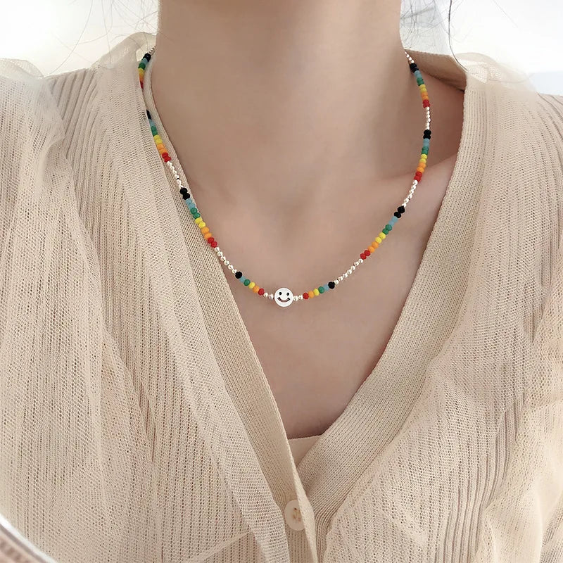 Lianfudai New Korea Summer Lovely Colorful Flowers Daisy Transparent Crystal Beading Strand Short Choker Necklace for Women