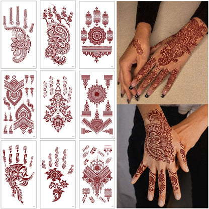 sengpan Red Lace Henna Tattoo Sexy Maroon Tattoo Stickers Waterproof India Mehndi Design Temporary Tattoos Finger Hand Tattoo For Women