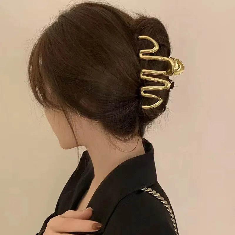 Lianfudai New Punk Geometric Metal Gold Silver Simple Hair Clip Claw for Women Trendy Large Crab Catches Clamp Korea Headwear Accessories