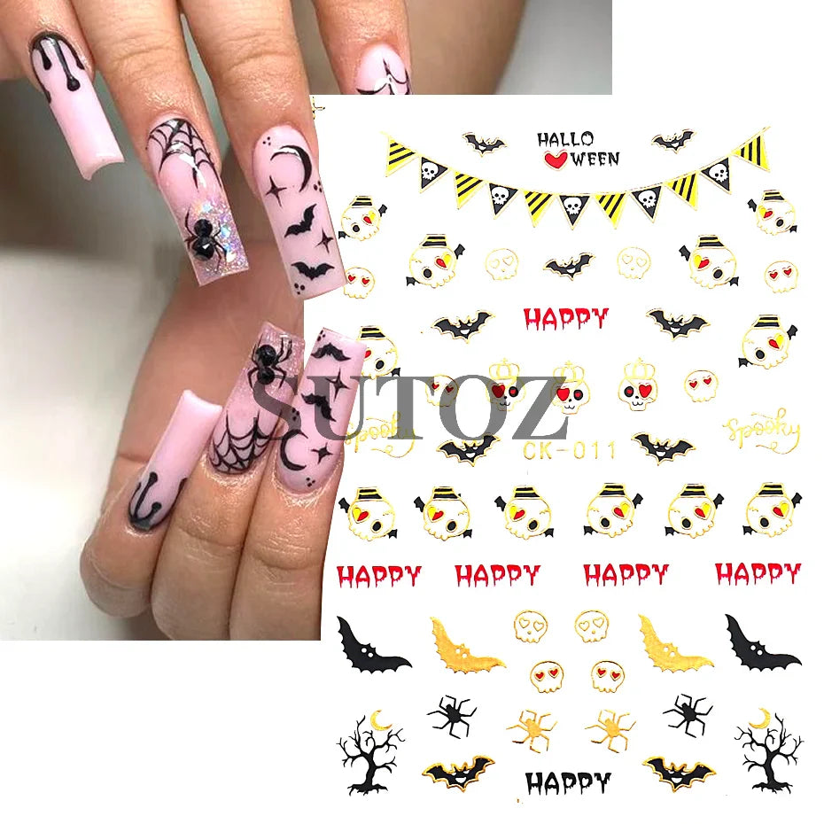 sengpan Embossed 3D Witches Nails Stickers Gold Black Witche Broom Boots Relief Design DIY Halloween Dark Style Manicure Decal CK-007