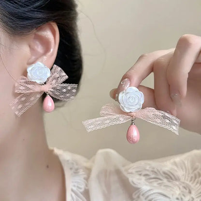 sengpan New Product Fresh Pink Mesh Earrings Floral Design High-End Sweet Romantic Niche Versatile Temperament Girls Banquet Jewelry