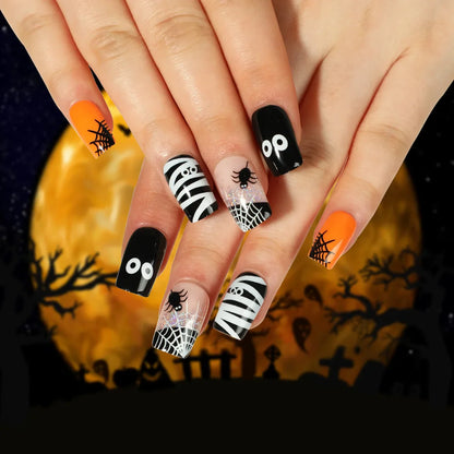 sengpan 24P/Set Halloween Fake Nails Art Ghost Face Pumpkin Spooky Designer Girls Party Press on Nail Tips Wearable Stick on Nails False