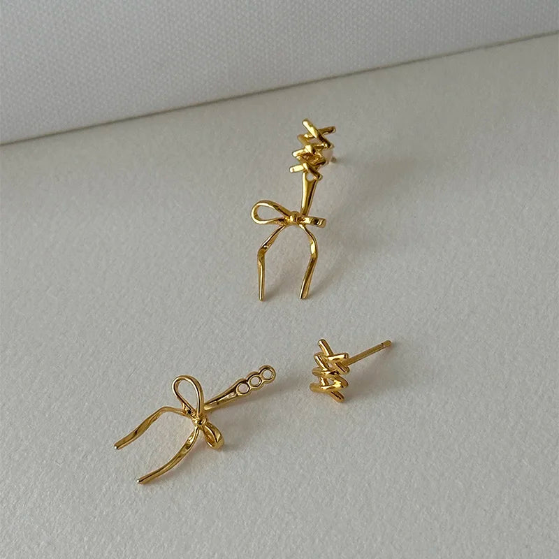 sengpan New Golden Plated Bowknot Earrings for Women Silver Needle Studs Trendy Elegant Sweet Party Jewelry Accessories