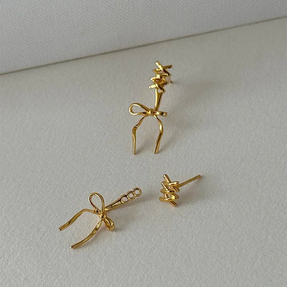 sengpan New Golden Plated Bowknot Earrings for Women Silver Needle Studs Trendy Elegant Sweet Party Jewelry Accessories