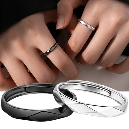 sengpan 2PCS Black White Lozenge Couple Rings Set Open Adjustable Ring Eachother Lovers Minimalist Ring Gift Wedding Rings Bride Jewlery