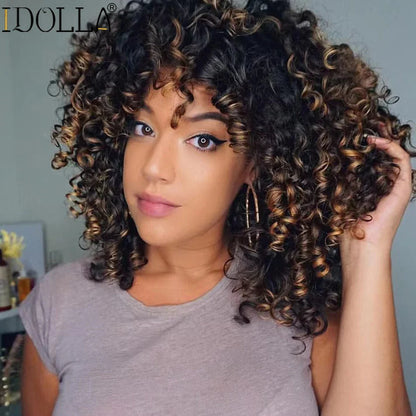 sengpan Short Curly Blonde Wig Synthetic Afro Kinky Curly Wig With Bangs For Black Women Natural Ombre Blonde Cosplay Wig